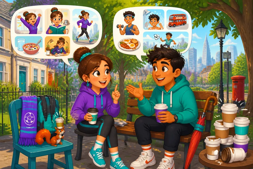 Anna and David chat about how often they do activities, using simple habit frames in Spanish.