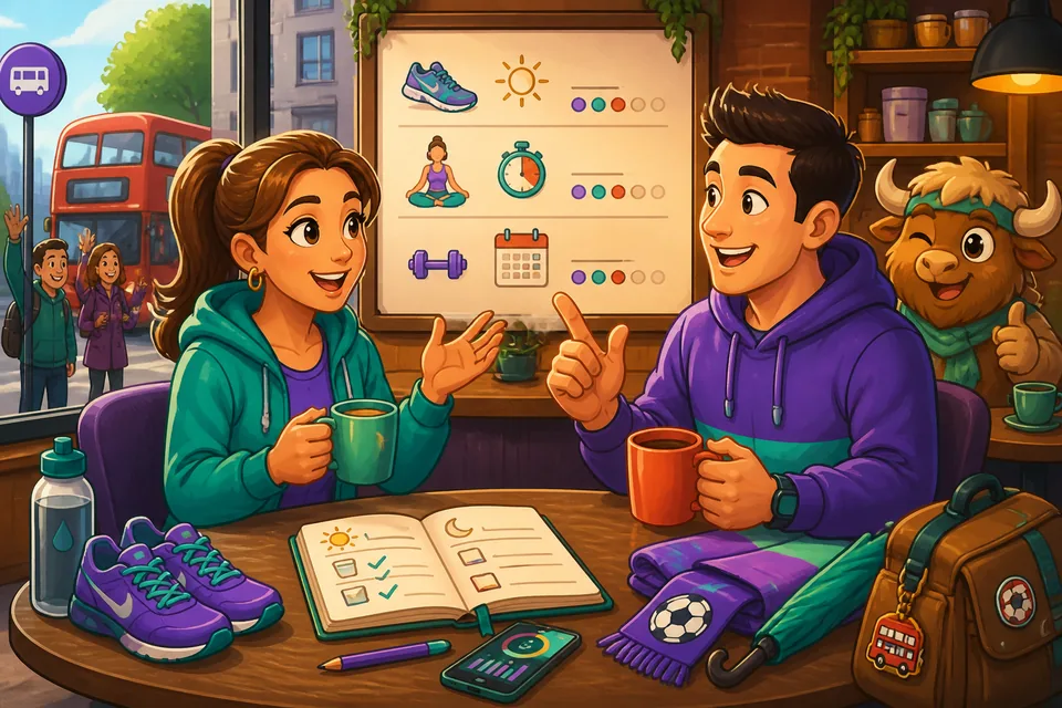 Anna and David talk about exercise routines and time spent, demonstrating the lesson's habit phrases.