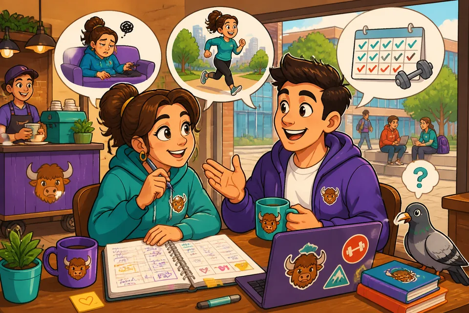 Anna and David talk about how often they go to the gym, using phrases like '¿Cada cuánto pasa?' and 'Yo voy cada dos semanas.'