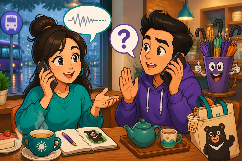 Anna and David on a call using Spanish repair phrases like asking to speak louder and clarifying meaning.