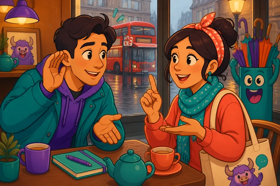 Two people in a video call practicing A2-level Spanish phrases to ask for repetition and clarification.