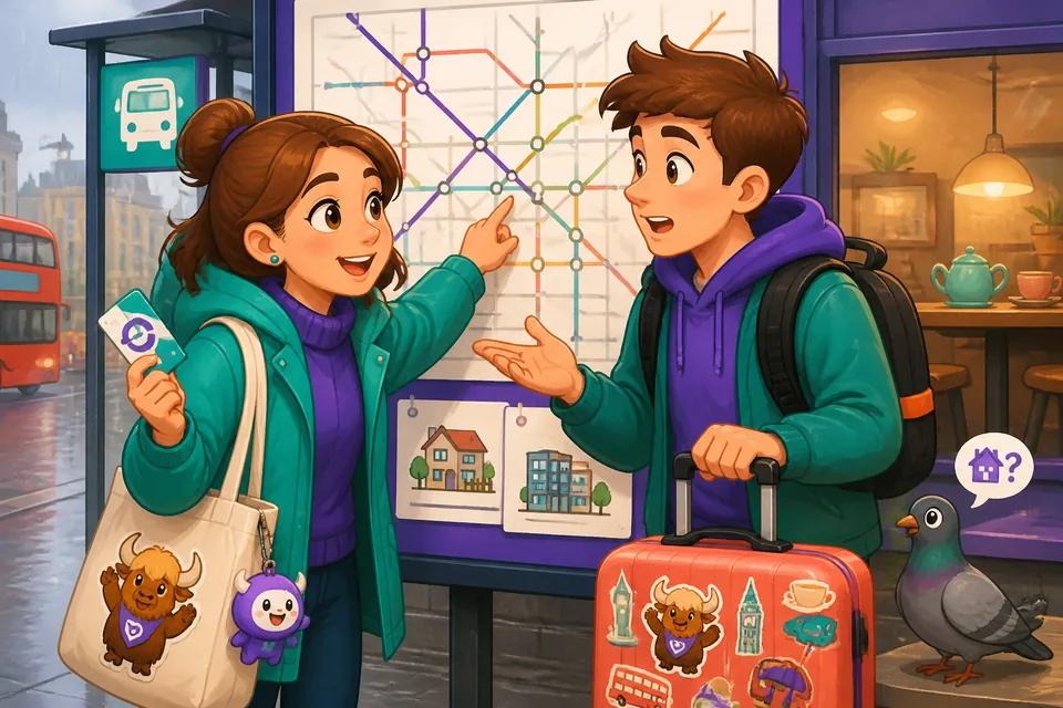 Anna and David standing outside an apartment building discussing how far and how many rooms their homes have.
