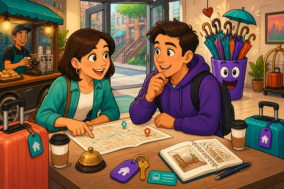 Anna and David standing outside a building, using Spanish phrases about living situations and looking for a new place.