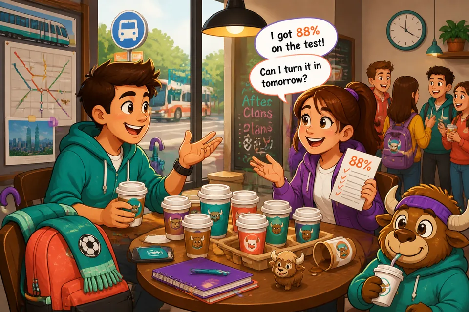 Anna and David chat about an exam, forgetting items, and asking to turn work in later in Spanish.