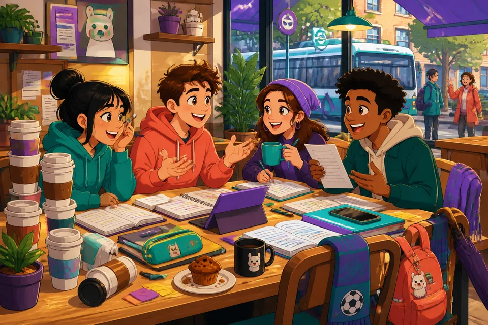Two classmates talk about a project and a missed class—practice Spanish for school life.
