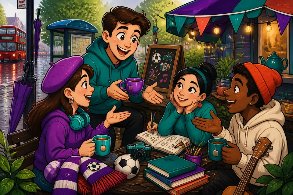 A casual scene of people asking and answering about hobbies in Spanish, perfect for A2 learners.