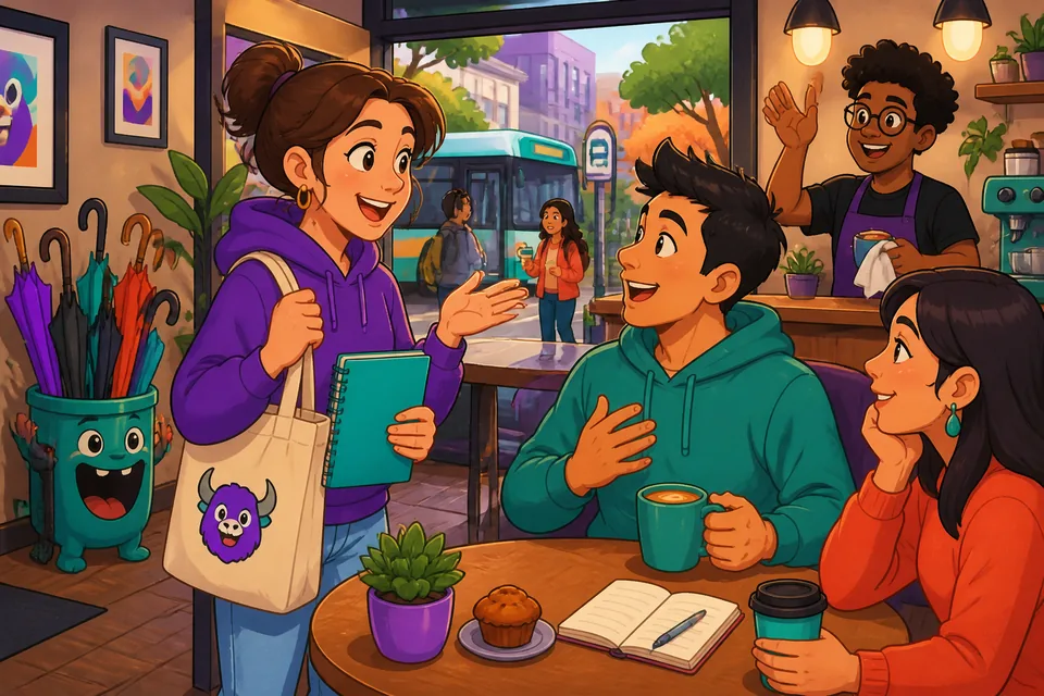 Two people in a café using polite Spanish requests and quick responses for everyday interactions.