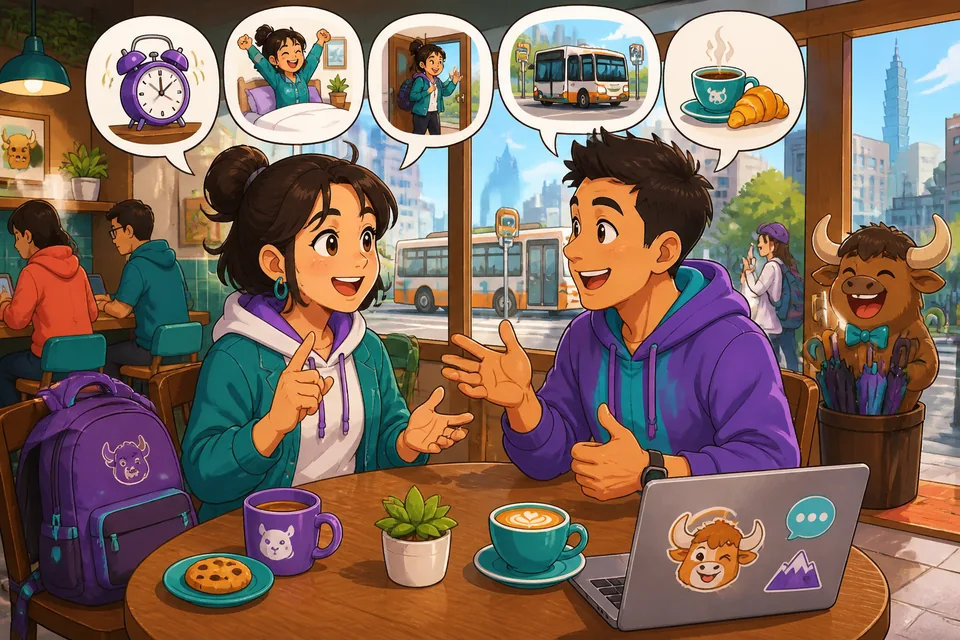 Anna and David talk about alarm times, leaving home, and how long things take — a short Spanish mini-dialogue about routines.