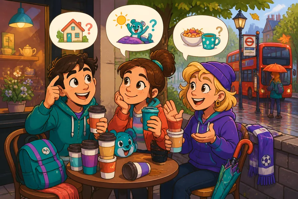 Friendly image of two people talking about morning and evening routines in Spanish.
