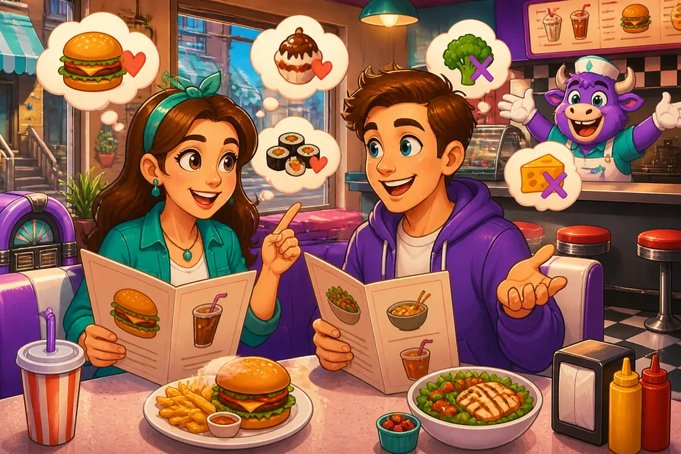 Anna and David discussing what they like to eat and what they can't have; shows common food phrases.