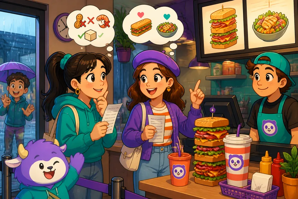 Two friends deciding what to eat and asking about allergies and preferences in Spanish.