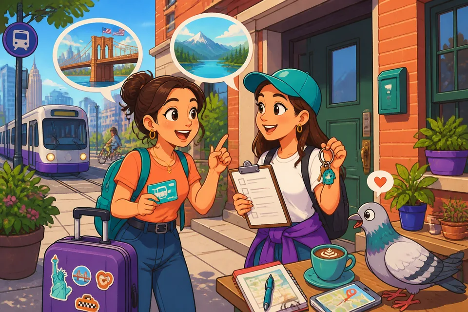 Anna and David exchange short travel stories — useful Spanish travel chunks appear in their conversation.