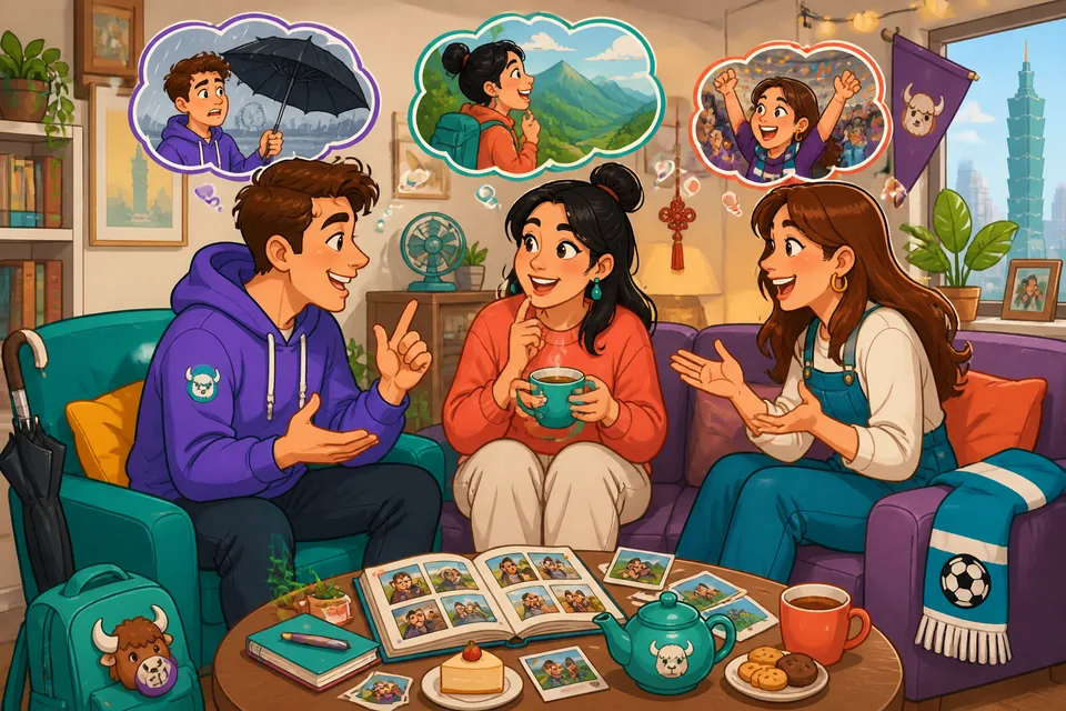 Two friends talking in Spanish about a past trip, useful for B1 learners practicing personal experiences.