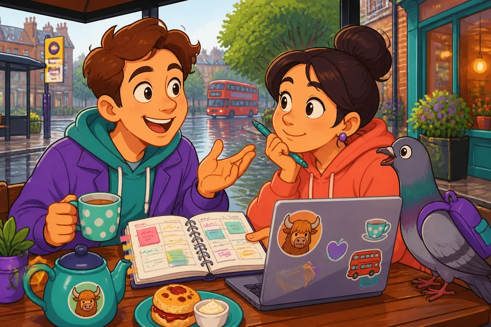 Two friends discuss weekend plans in Spanish; the scene shows practical future-planning phrases for B1 learners.
