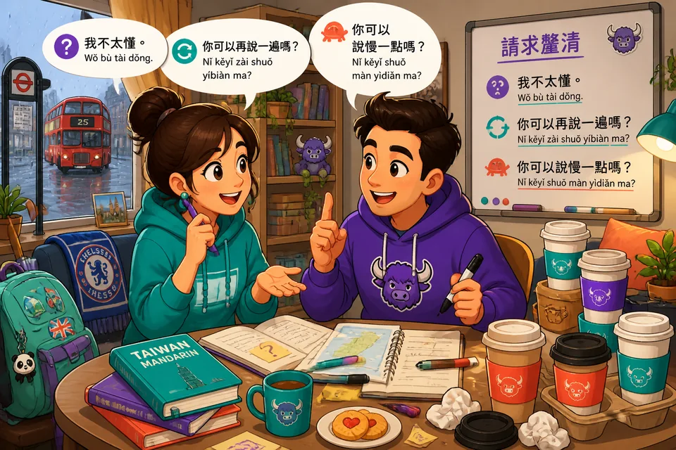 Anna and David in a conversation where Anna asks for clarification and David repeats and explains.
