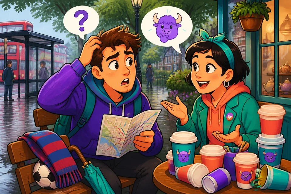 Two people in a cafe using short Spanish phrases to ask for repetition and clarification.