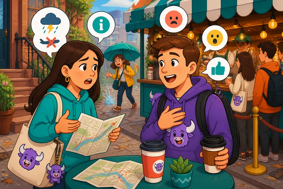 Anna and David exchange short Spanish reactions to show empathy, shock, useful info, and interest.