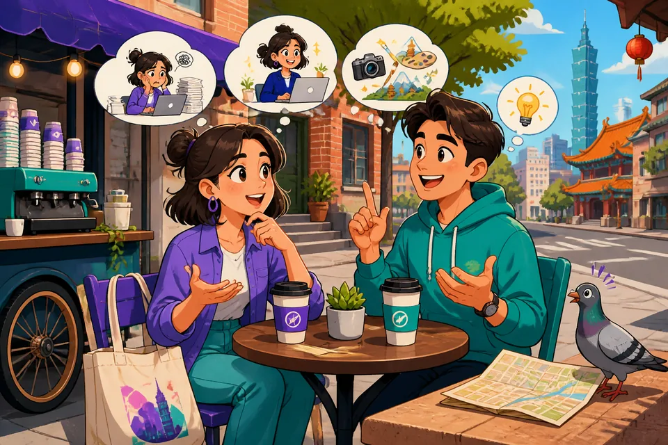 Anna and David using hesitation phrases in Spanish while discussing a job change, helpful for Spanish learners.