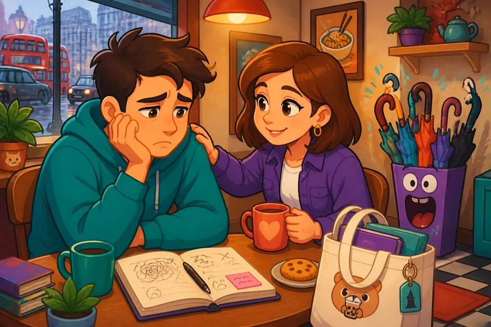 Anna and David in a short dialogue practicing phrases like “Siento mucho que haya pasado eso.” and “Aquí estoy si quieres hablar.”