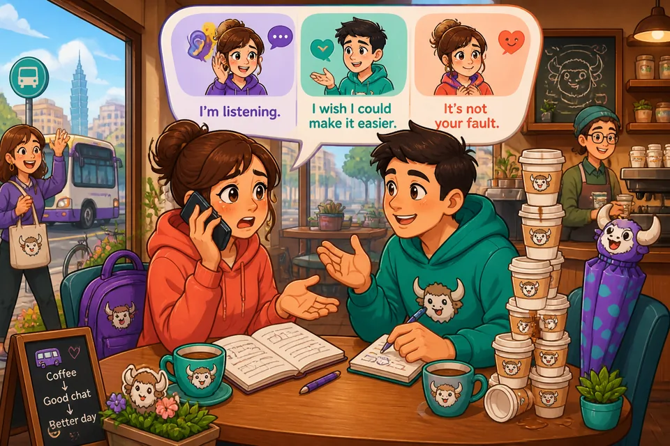 Anna and David having a short empathetic conversation in Spanish using 'Te escucho' and 'No es tu culpa.'