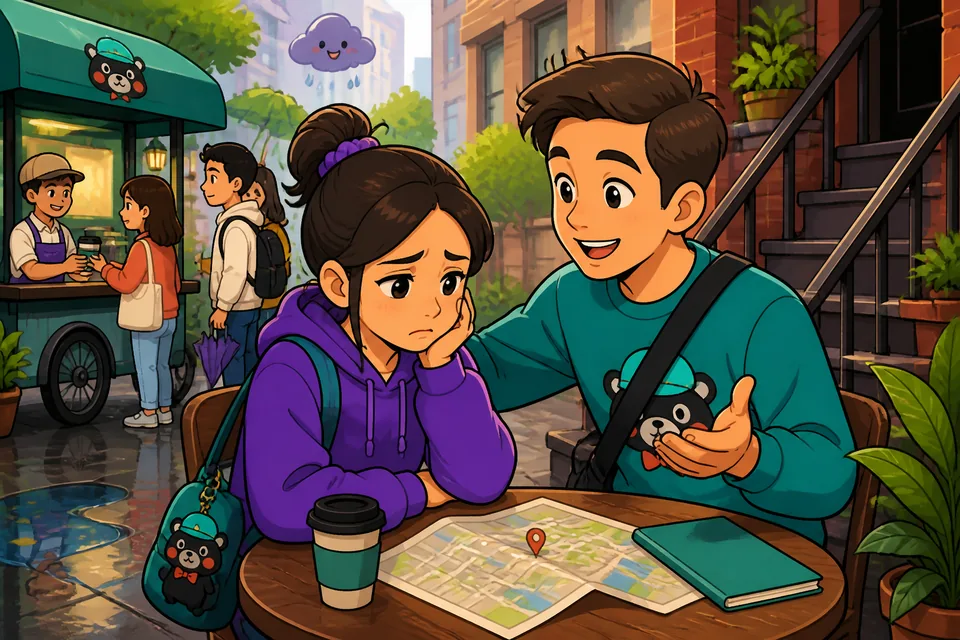 Anna and David talking in Spanish about a mistake and deciding to practice together.