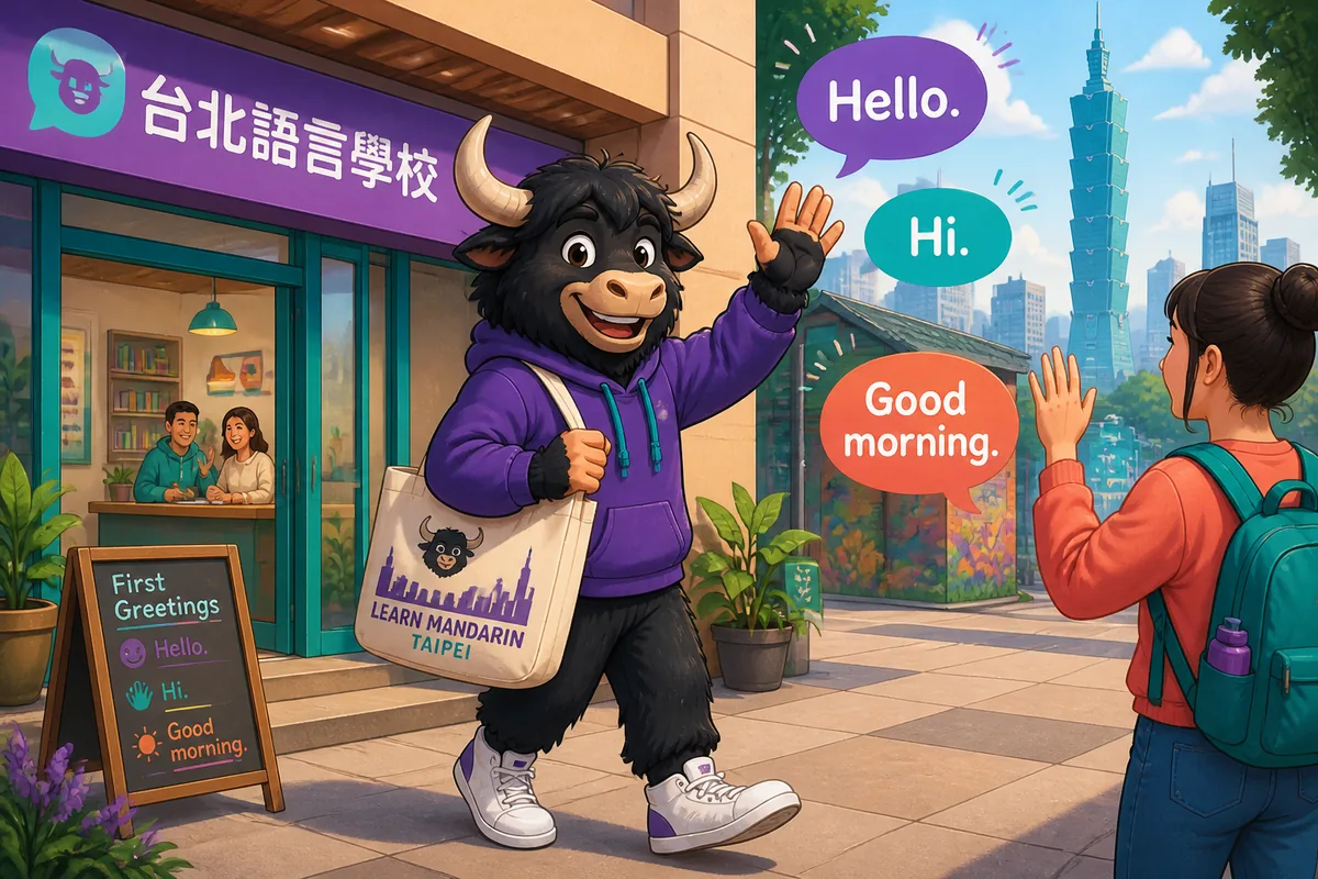 Personified yak teacher Yak Yacker waving hello while teaching first greetings in Traditional Chinese for Taiwan Mandarin learners