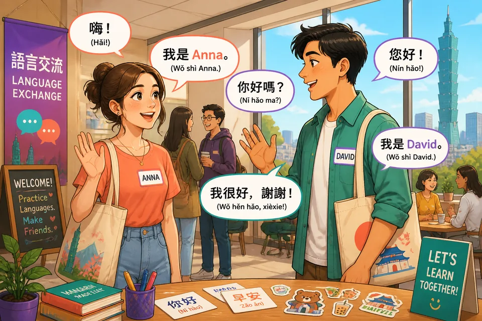 Anna and David meeting at a Taipei language exchange, illustrated for a Traditional Chinese greetings dialogue lesson