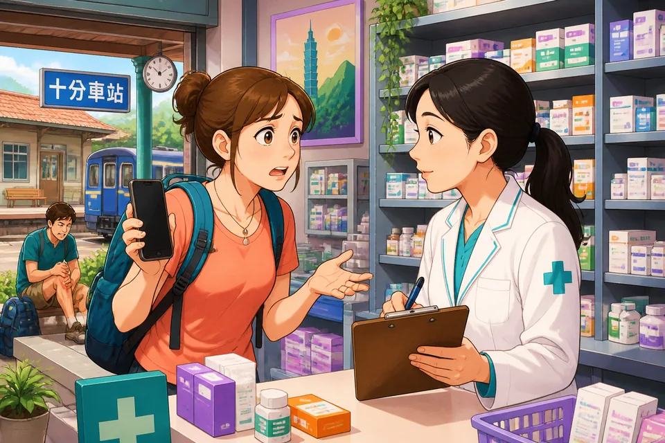 Two people at a Taiwan train station discussing an urgent situation and using a phone, with Traditional Chinese dialogue support. The scene illustrates natural Taiwan Mandarin for getting help.