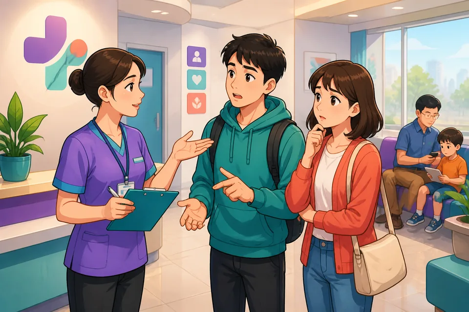 A friendly Taiwan street scene with someone holding a phone and asking for assistance, shown with Traditional Chinese learning elements. The image supports the lesson topic of asking for help in Taiwan Mandarin.