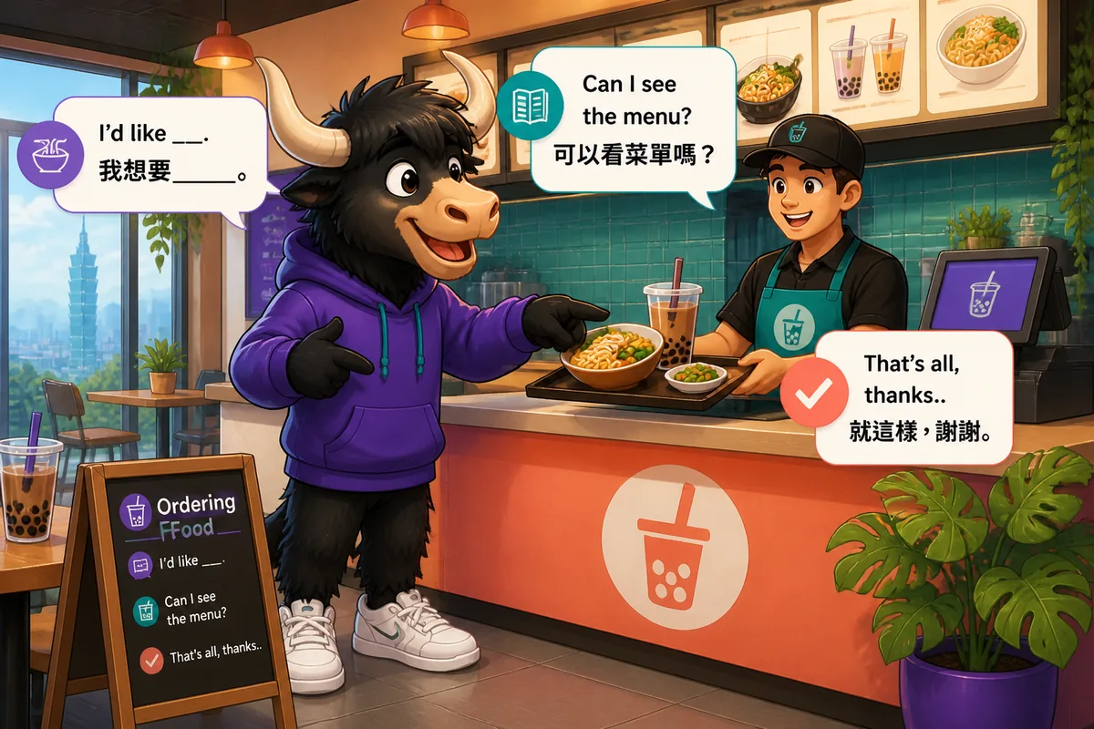 A cozy Taiwan restaurant counter with a bright menu board in Traditional Chinese, showing the lesson topic of ordering food in Taiwan Mandarin.