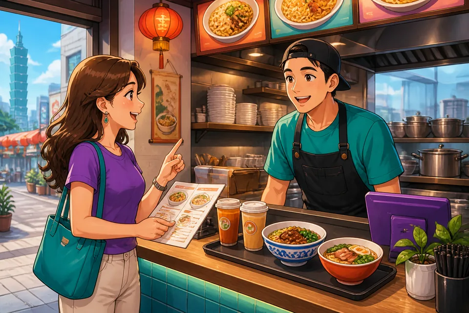 A customer and server chatting at a Taiwan café counter, using Traditional Chinese phrases for ordering food, asking about spice, and choosing dine-in.