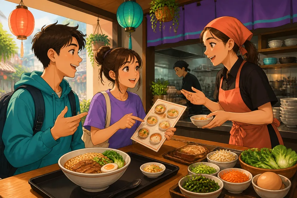 A learner smiling at a small Taipei eatery while reading a Traditional Chinese menu, practicing Taiwan Mandarin food-ordering phrases.