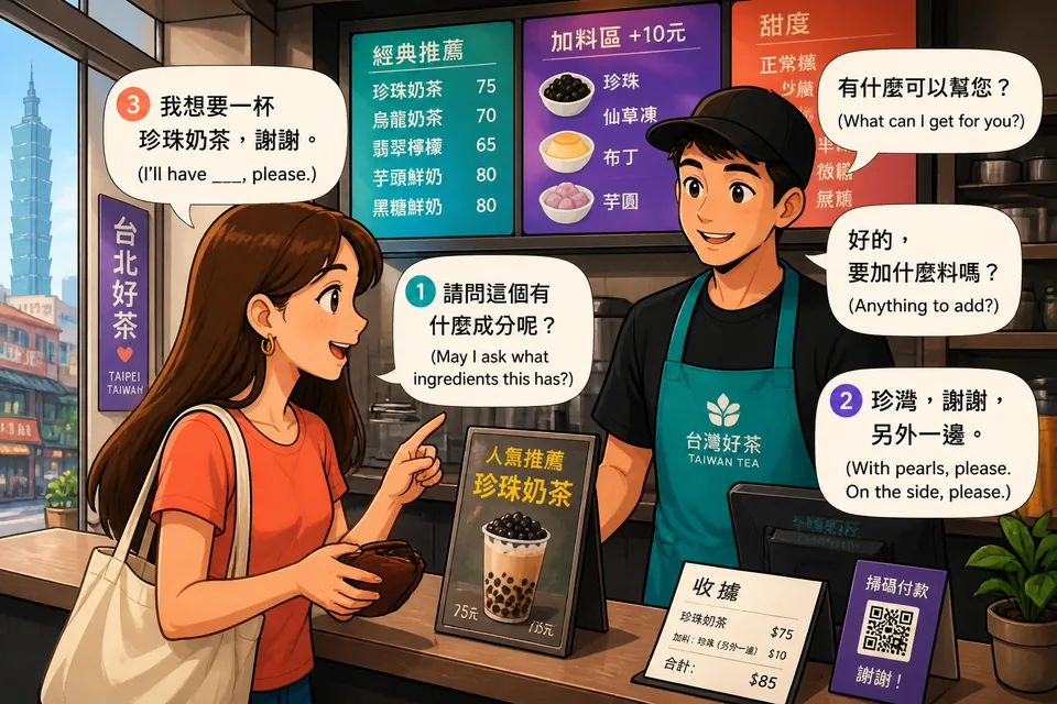 Anna speaks with David at a casual Taiwan food counter, using Traditional Chinese phrases to ask for recommendations and order vegetarian food. The scene supports Taiwan Mandarin listening practice for ordering food.