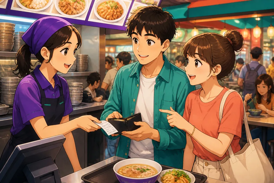 A cozy Taipei café counter with drinks, sauces, and small dishes labeled in Traditional Chinese. The Taiwan Mandarin ordering food topic is shown through a customer deciding what to order.
