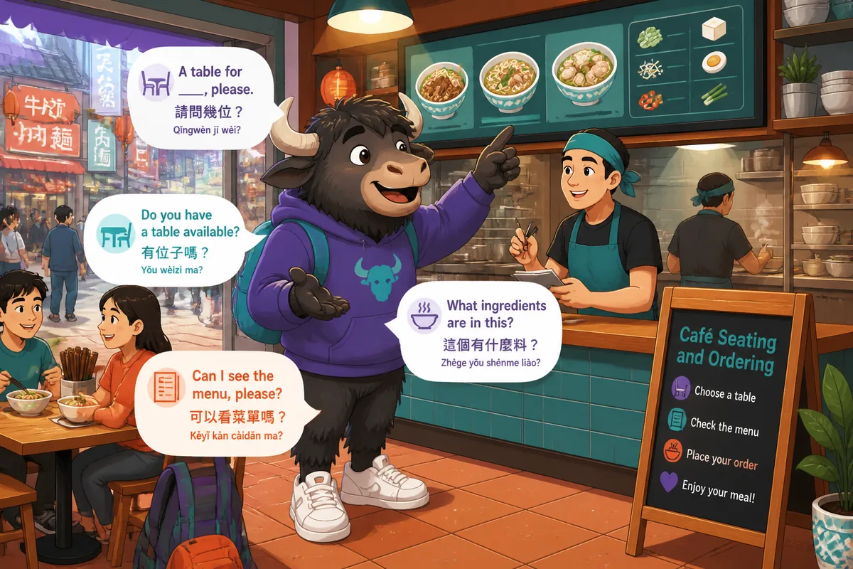 A cozy Taiwan café scene with Traditional Chinese menu boards, showing a host greeting guests for a restaurant seating lesson in Taiwan Mandarin.