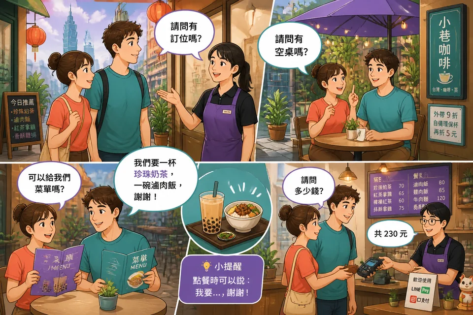 Anna and David speak with restaurant staff in Taiwan Mandarin, using Traditional Chinese phrases to ask for a table, order food, and request water.