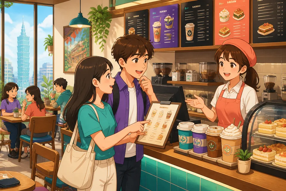 Learners practice Taiwan Mandarin restaurant phrases in Traditional Chinese while standing near a café entrance with tables, menus, and a small waiting area.