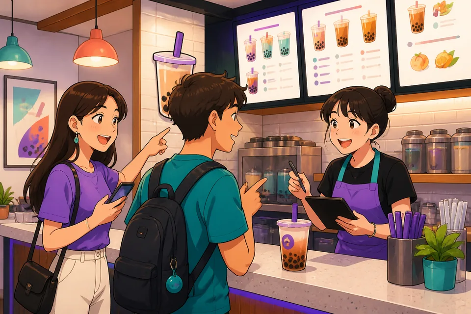 Two friends look over a Traditional Chinese café menu in Taiwan, practicing Taiwan Mandarin phrases for asking what comes with a meal and what ingredients are inside.