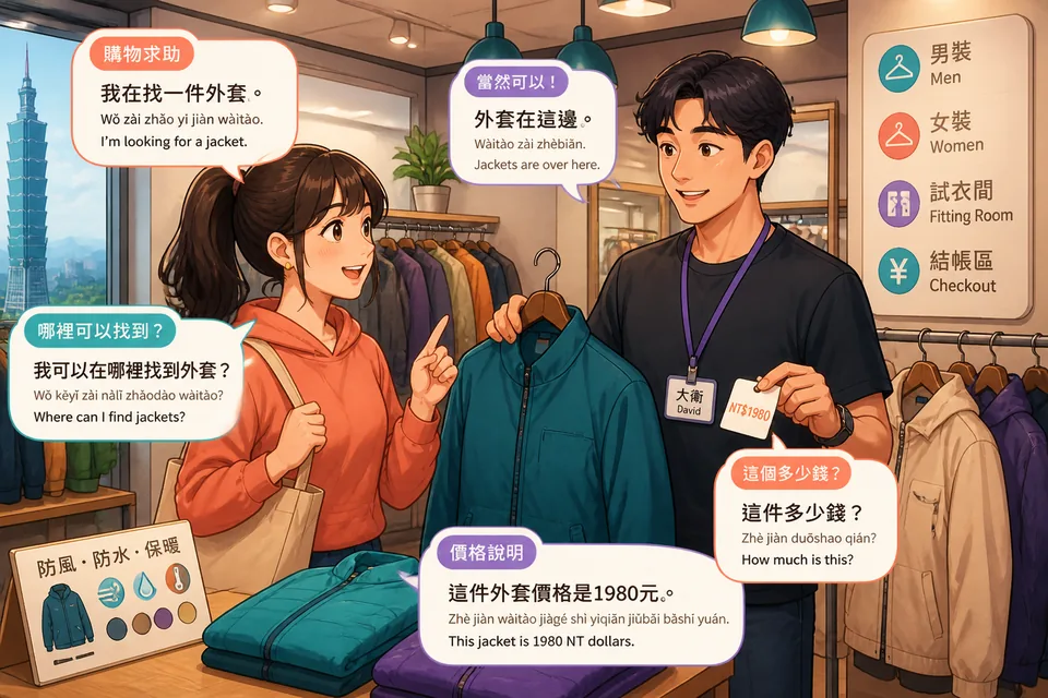 Anna talks with David, a shop clerk, inside a Taiwan clothing store, using Traditional Chinese phrases to ask about size, price, discounts, card payment, and receipts.