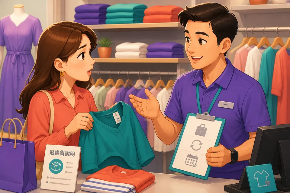 Anna and David speaking near a checkout counter in Taiwan, using Traditional Chinese Taiwan Mandarin to ask about exchanges, availability, and return policy.