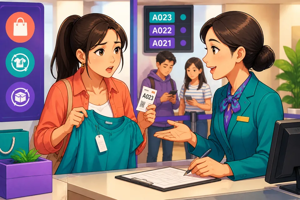 A learner looking at shoes and clothes in a Taiwan shop, practicing Traditional Chinese phrases for sizes, prices, returns, and delivery in Taiwan Mandarin.