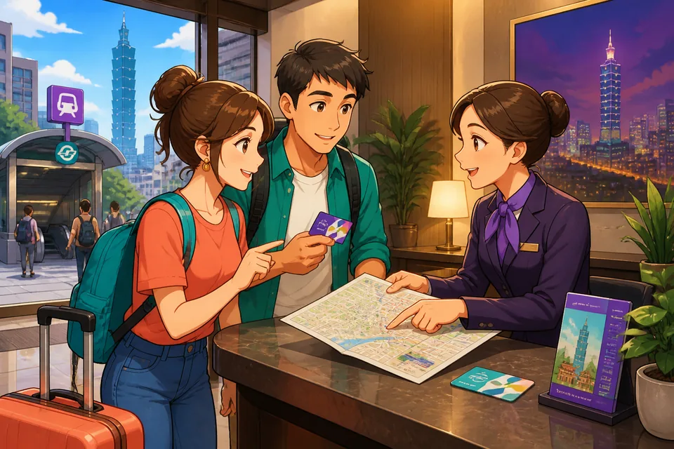 Anna asks David for directions on a lively Taiwan sidewalk, using Traditional Chinese Taiwan Mandarin phrases for going straight, turning, and finding what is on the left or right.