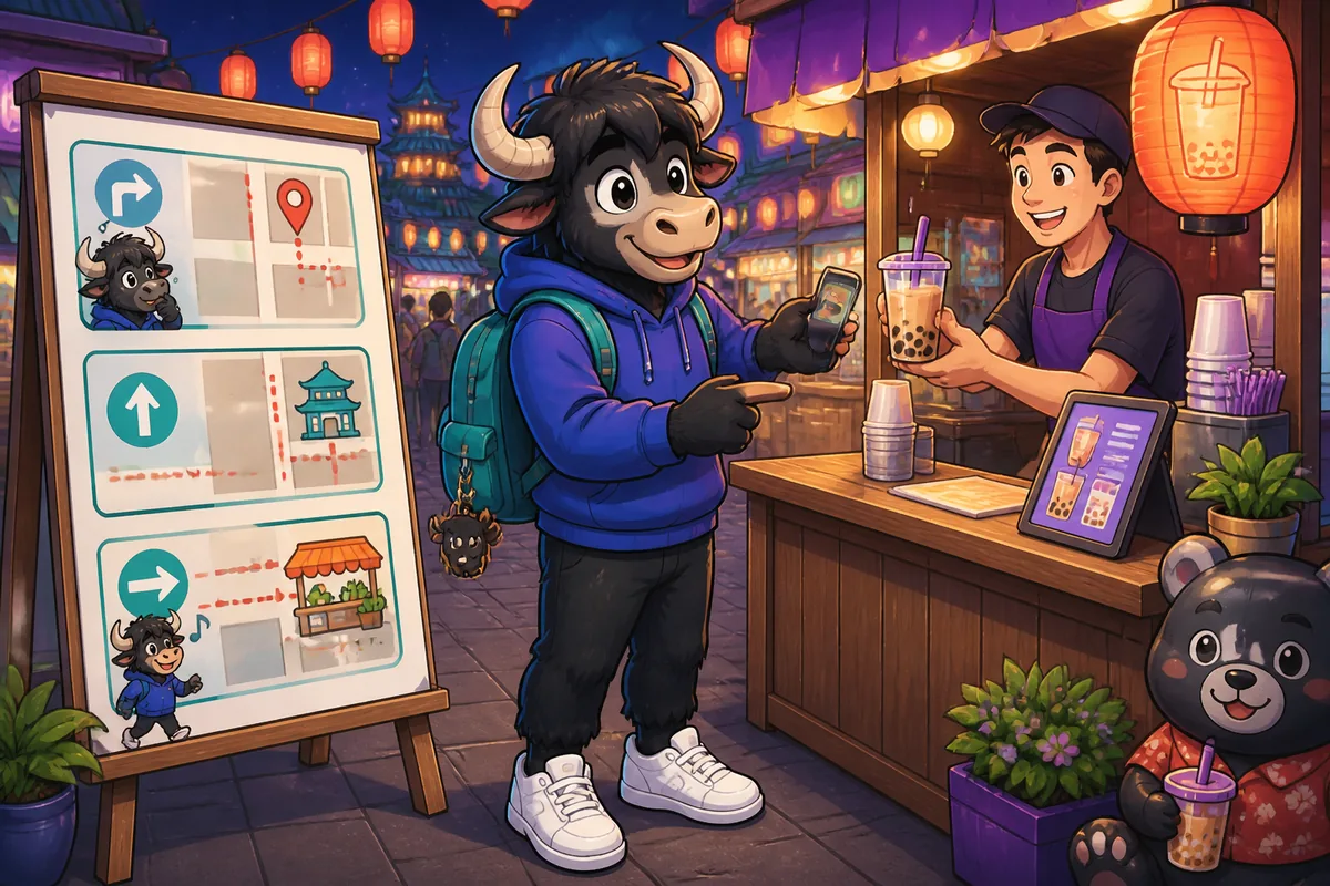 A lively Taiwan street scene with Traditional Chinese shop signs, showing a learner asking directions in Taiwan Mandarin. The lesson topic is asking directions with turns, crossings, and landmarks.