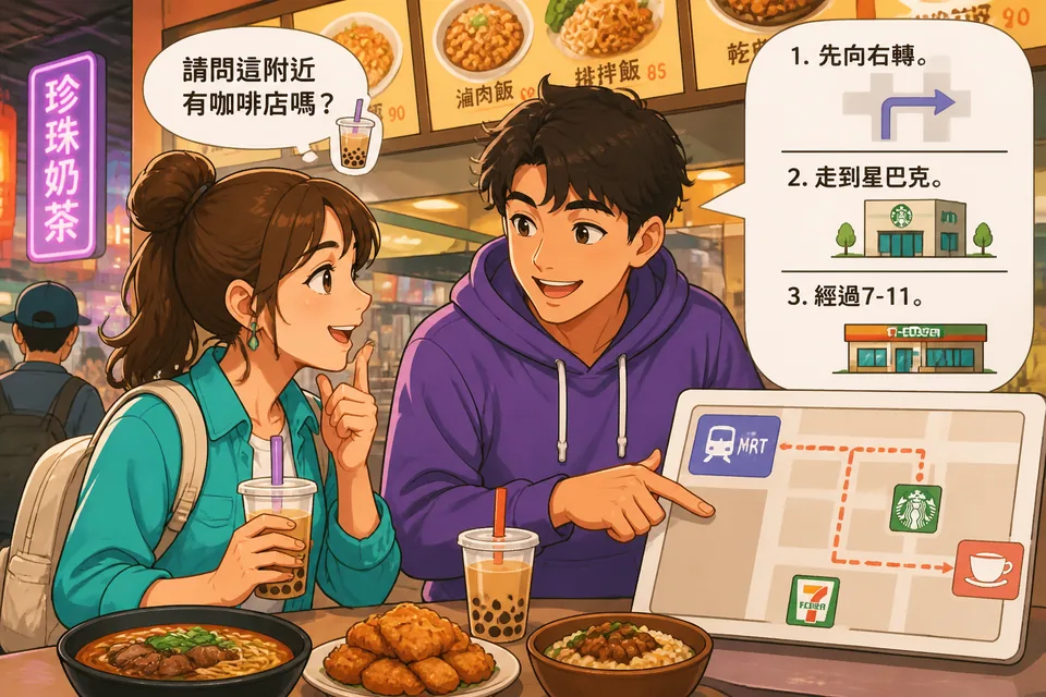 Anna and David stand on a sidewalk in Taiwan, looking toward a first intersection and nearby landmarks while practicing Traditional Chinese direction phrases in Taiwan Mandarin.