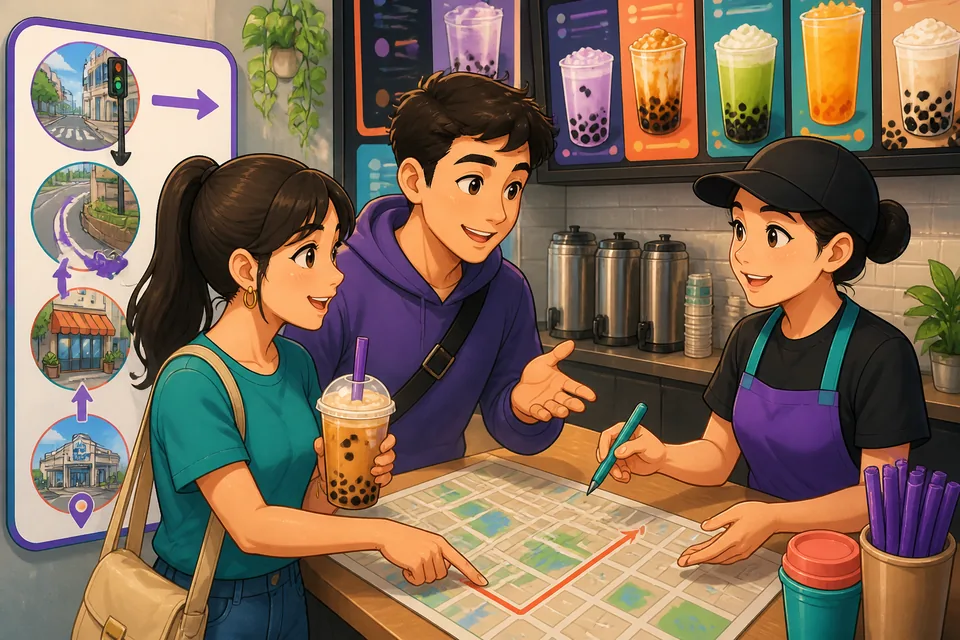 A colorful map-style illustration of a Taipei neighborhood with a MRT station, café, park, and convenience store labeled in Traditional Chinese for a Taiwan Mandarin directions lesson.