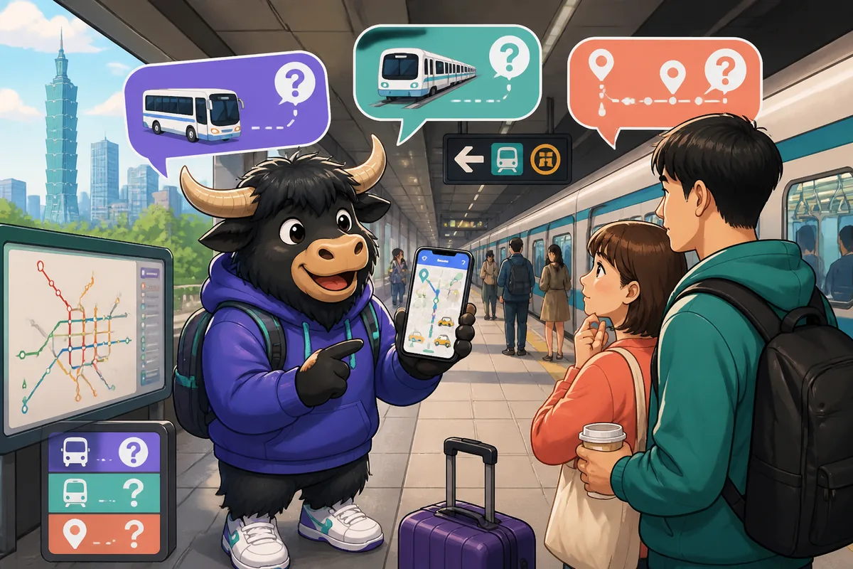 A traveler checks a bus schedule at a busy Taiwan bus stop, with Traditional Chinese signs nearby. The scene introduces Taiwan Mandarin phrases for asking about public transport routes and tickets.