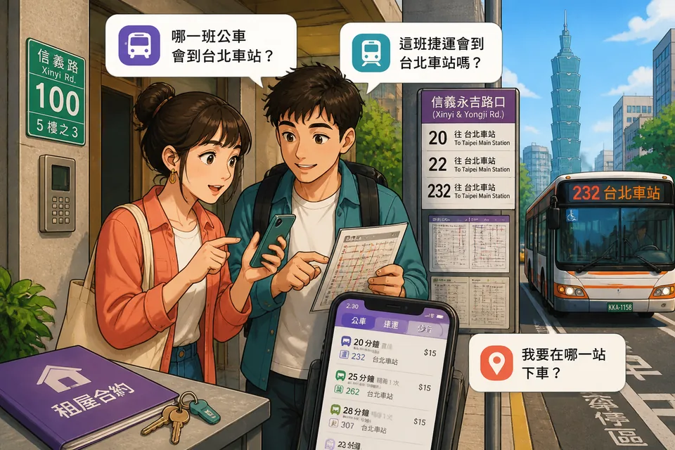 Two travelers compare a bus route and platform information using Taiwan Mandarin, surrounded by Traditional Chinese public transport signs. The scene shows practical travel questions in action.