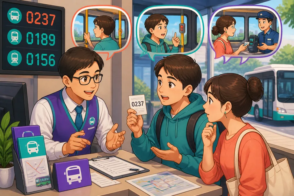 A learner holding an EasyCard near a bus door in Taiwan, surrounded by Traditional Chinese signs for a public transport lesson.
