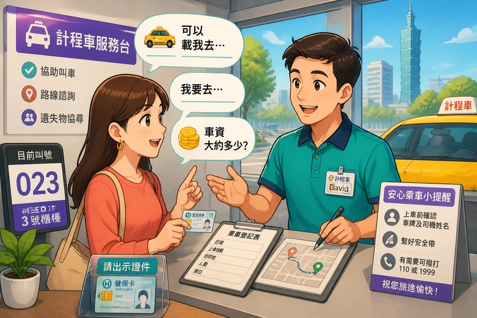 A friendly driver and passenger talking through a taxi window in Taiwan, confirming the pickup and destination. The image supports a Taiwan Mandarin mini-dialogue in Traditional Chinese about taxi rides.