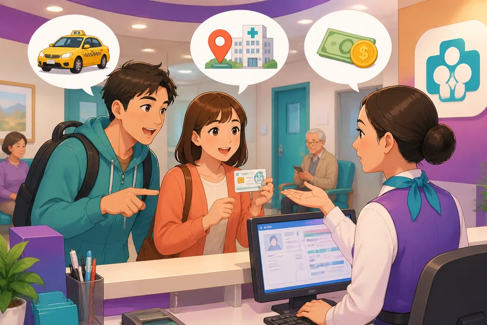 A busy Taiwan street near a station entrance, with a passenger checking a ride-hailing app and looking for the right car. Traditional Chinese text supports the taxi ride topic in Taiwan Mandarin.